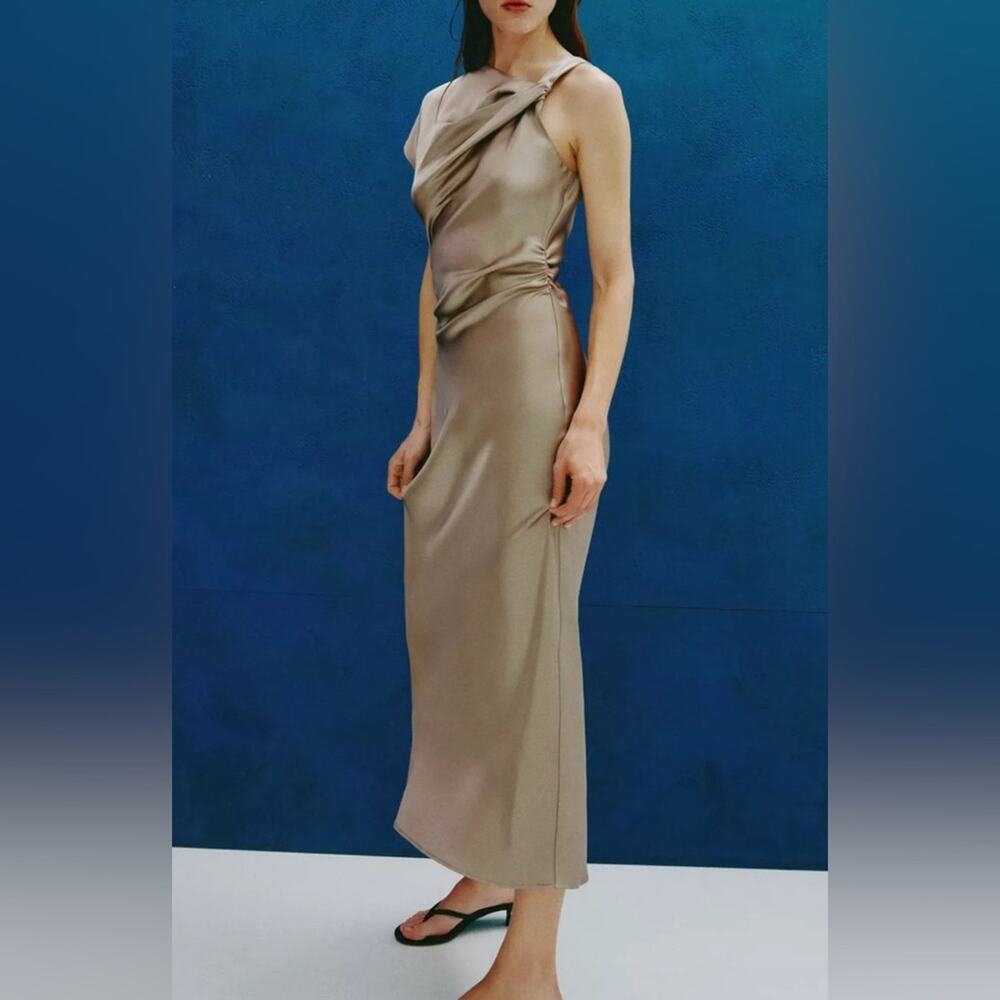 Nwt- zara- satin effect draped midi dress- small